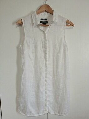​Tahari White 100% Linen Sleeveless Button Down Tunic Shirt Dress Small Like New